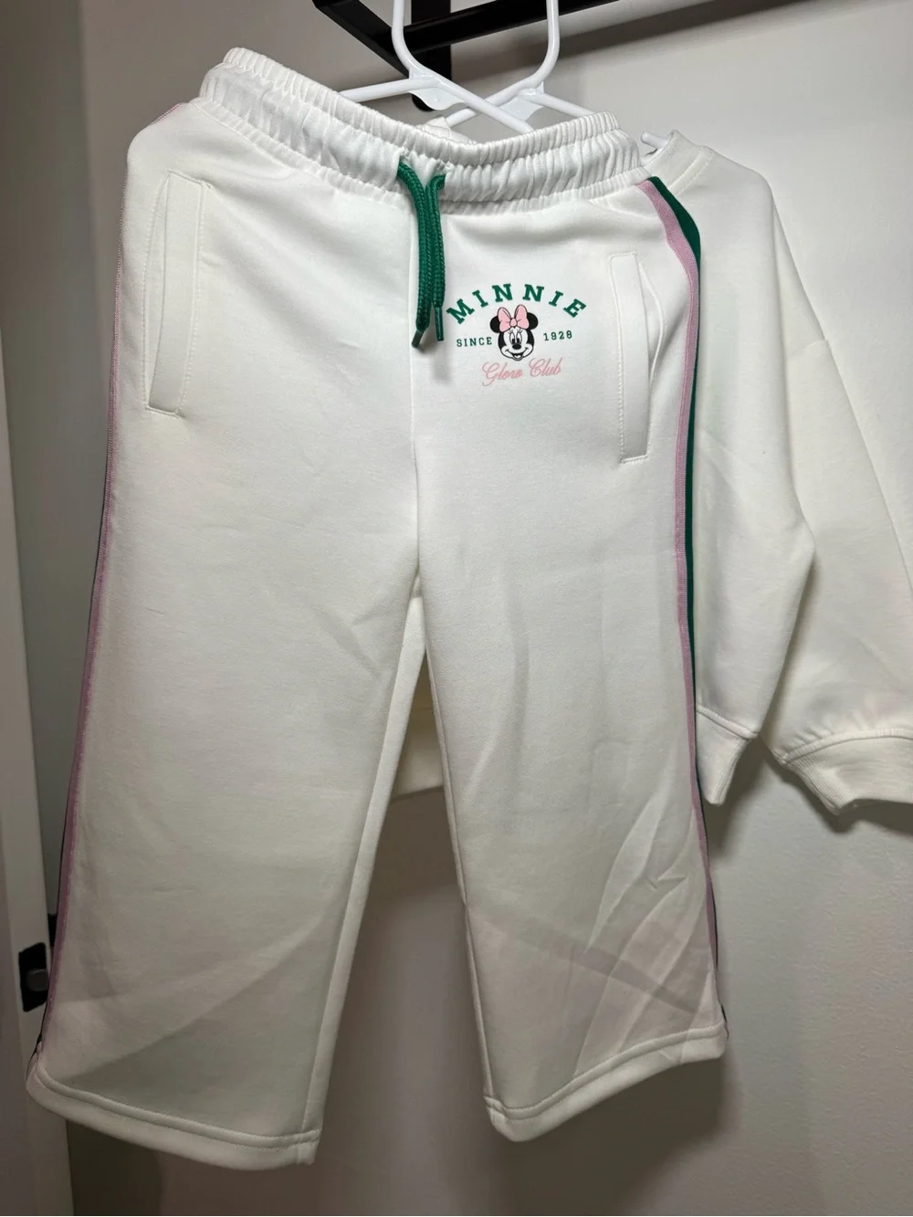 Minnie Kids Cream Sweatshirt & Jogger Pajama Set with Green and Pink Accents